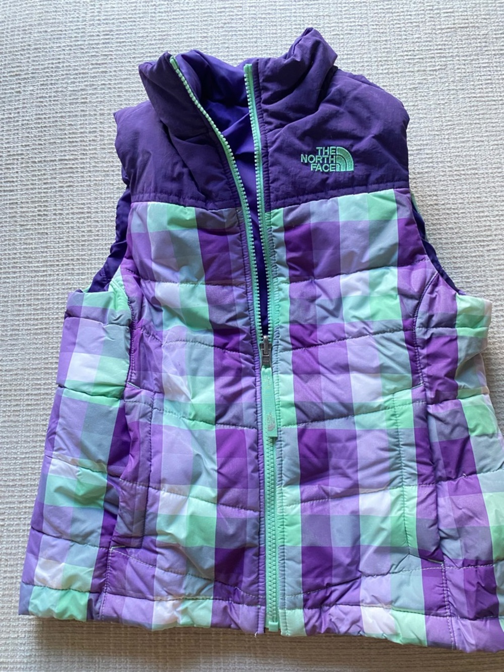 The North Face Purple and Mint Plaid Puffer Vest